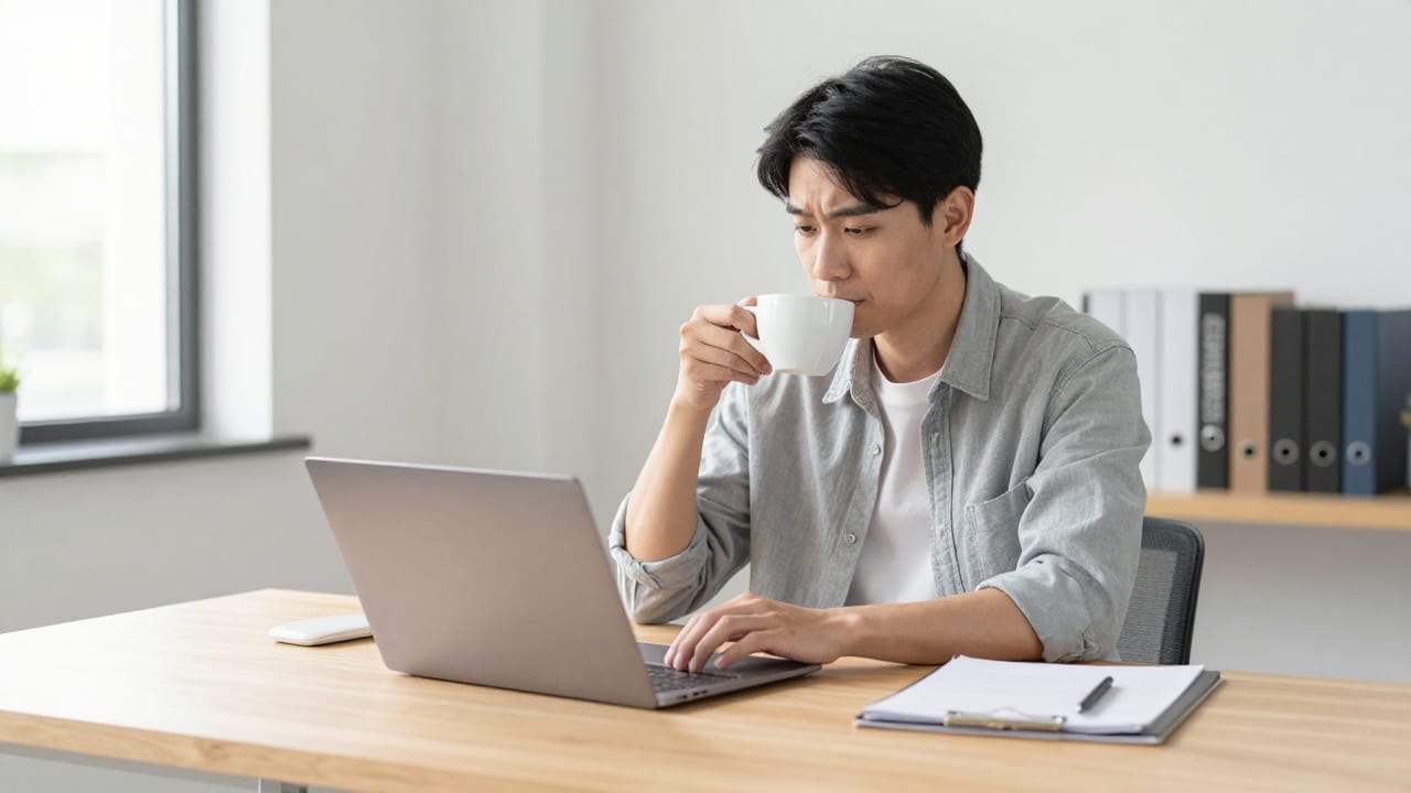 A modern small plumbing business owner working at a clean wooden desk with a laptop, looking relieved while drinking coffee in a sunlit office.