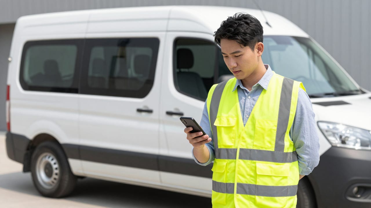 A contractor wearing a safety vest standing in front of a modern work van, reviewing site updates on a smartphone under bright daylight.