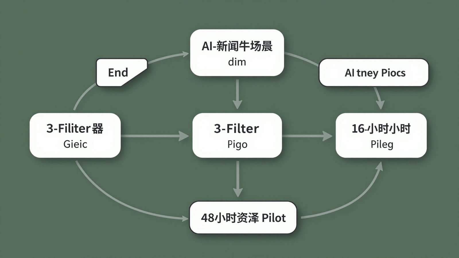 Flowchart illustrating the transition from weekly AI news intake through a 3-filter screening process to a 48-hour business pilot