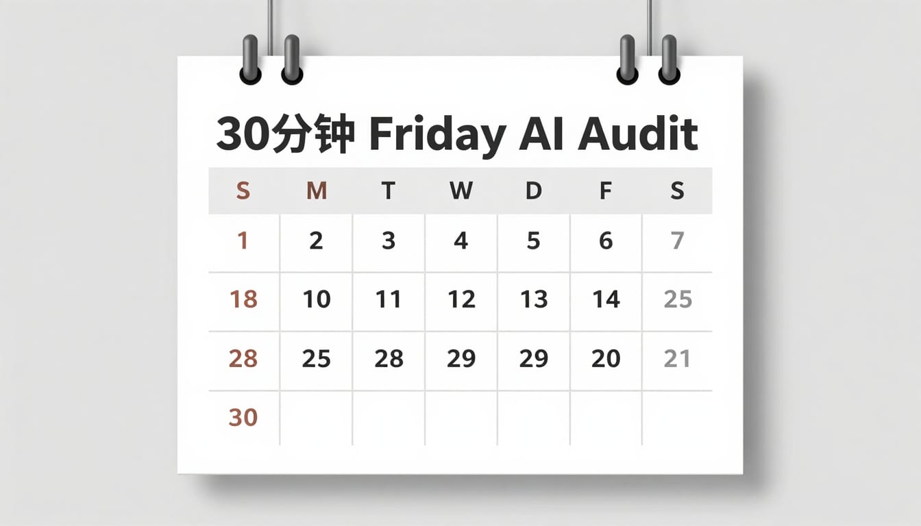 A clean desk calendar showing a 30-minute Friday AI audit schedule with clear time allocations