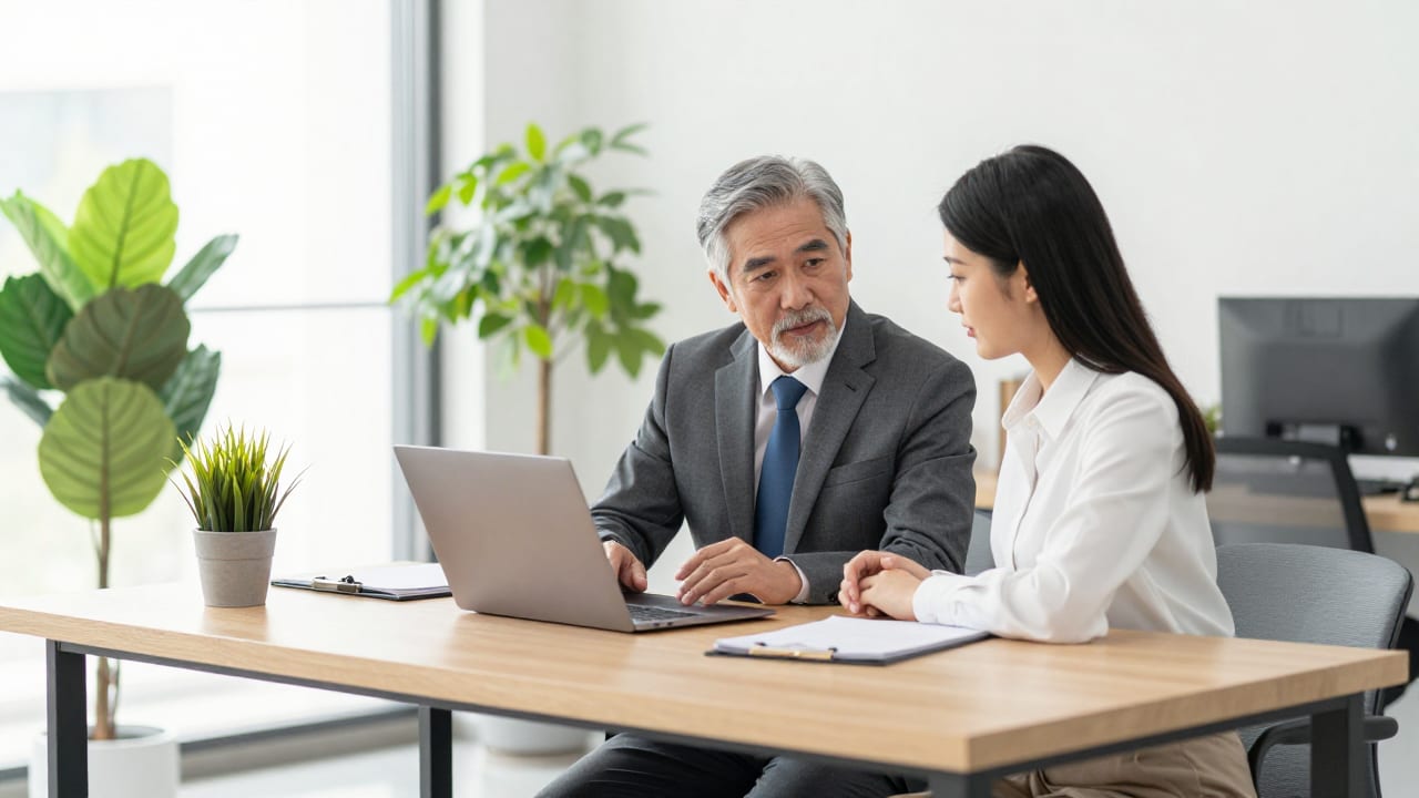 A senior agency director sitting beside a new employee at a modern wooden desk, discussing work on a laptop in a brightly lit office with potted plants.