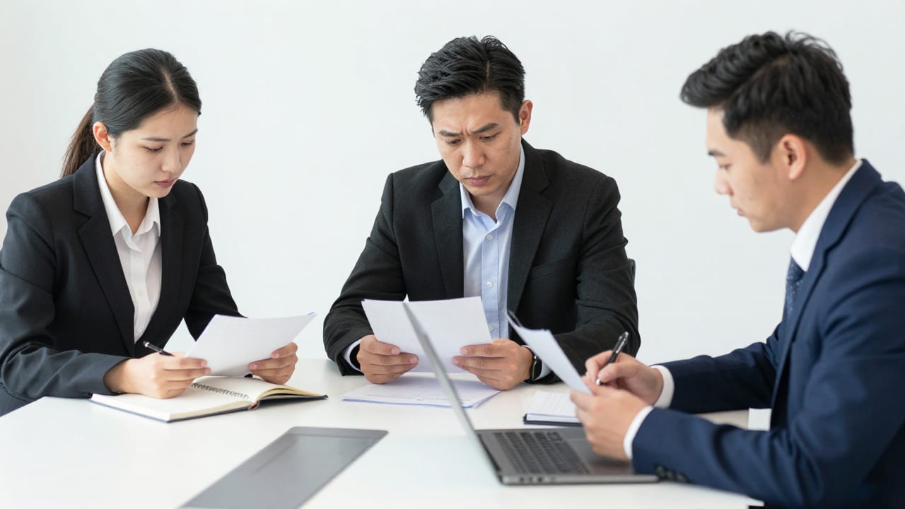 A team of three focused professionals reviewing project notes around a clean conference table with notebooks and open laptops.