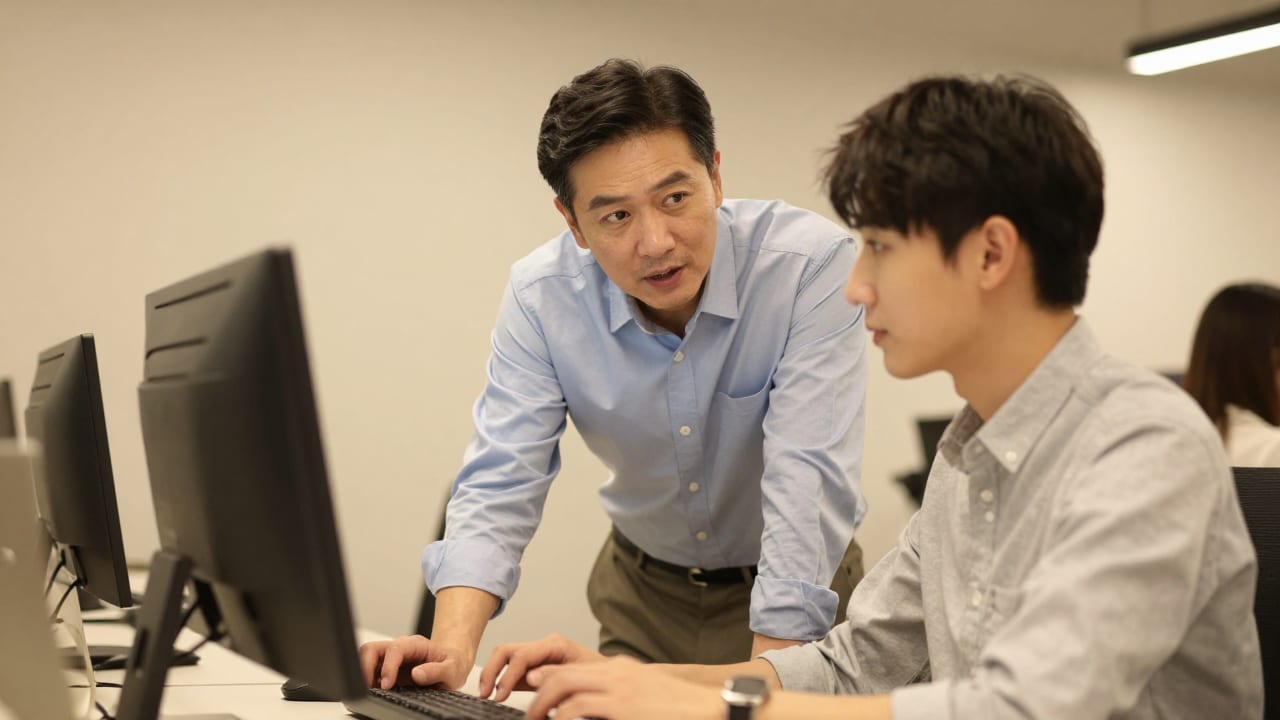 An experienced mentor providing constructive guidance to a young professional at a collaborative workstation with warm ambient lighting.