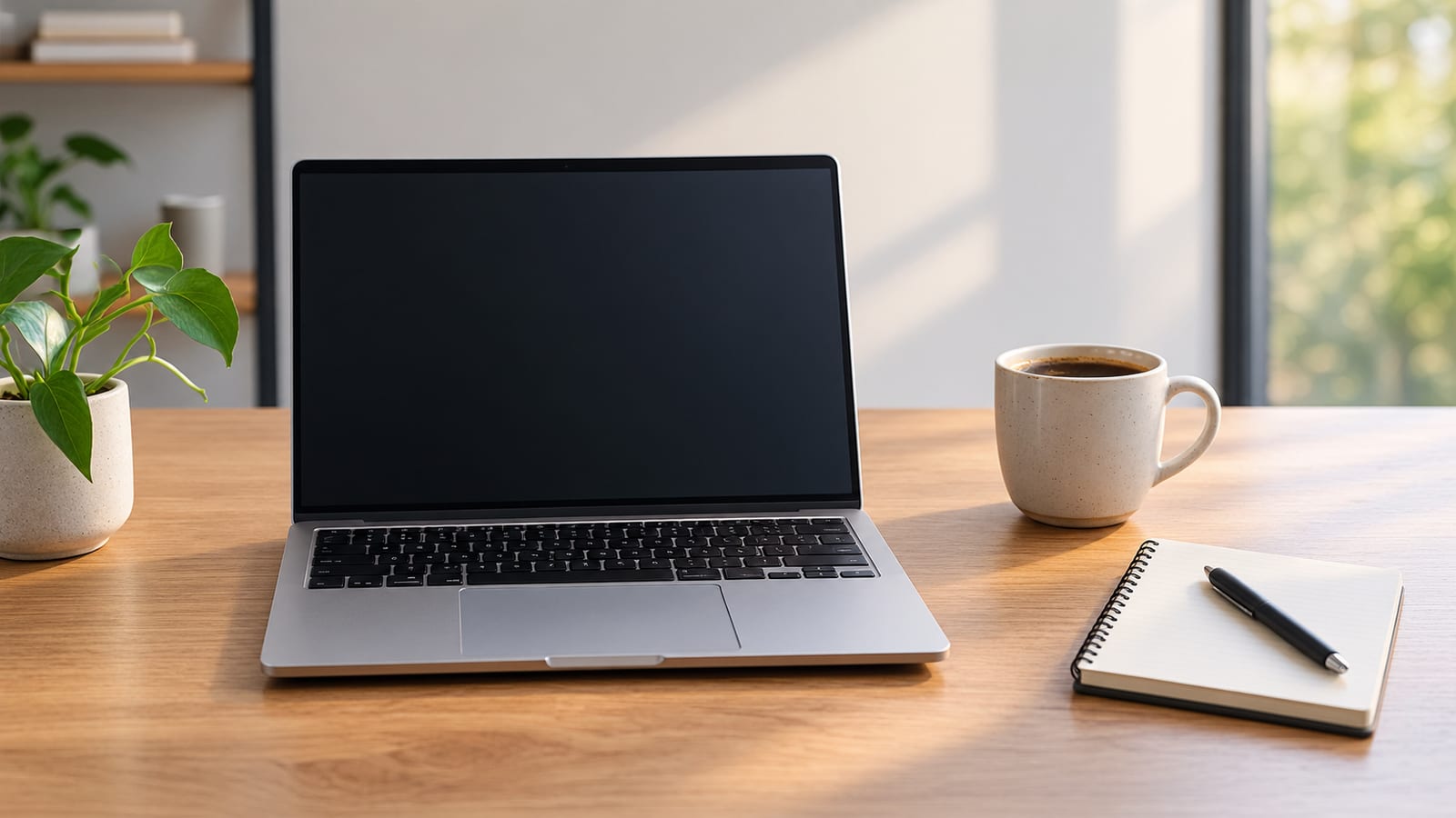 A minimalist, clean workspace with a single laptop, a cup of coffee, and a small notebook, symbolizing a focused and lean approach to business technology.