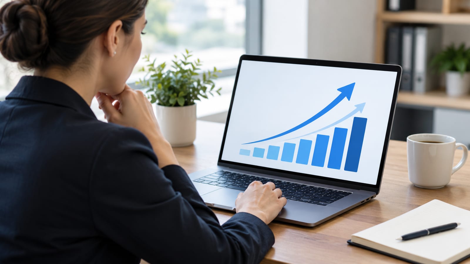 A person in a professional setting looking at a laptop screen that displays a simple, clear data visualization with upward-trending arrows.
