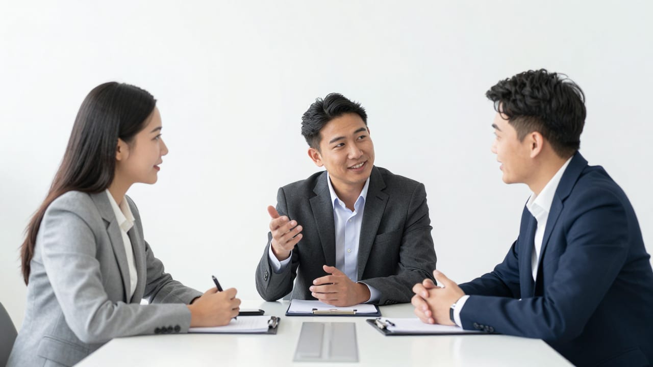 Three diverse business professionals sitting around a conference table in a bright office, engaged in an active and positive discussion.