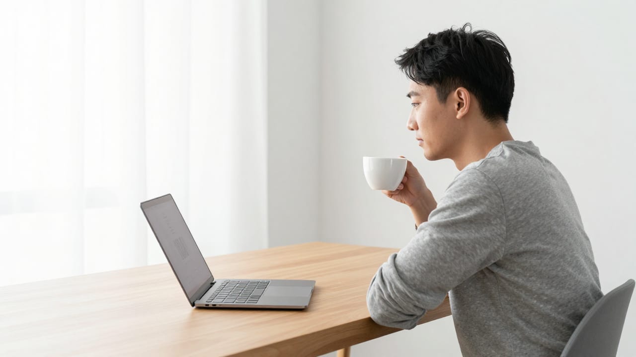 A small business owner sitting at a clean wooden desk with a laptop, holding a cup of coffee while looking thoughtfully at the screen in natural morning light.