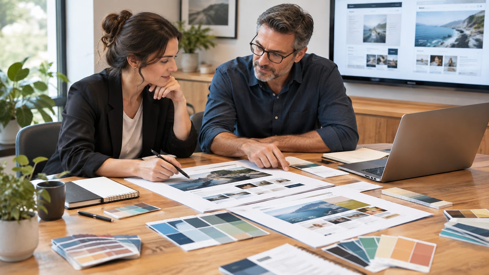 A modern meeting room where a creative director and a local business owner review website layouts on a table surrounded by color swatches and notebooks.