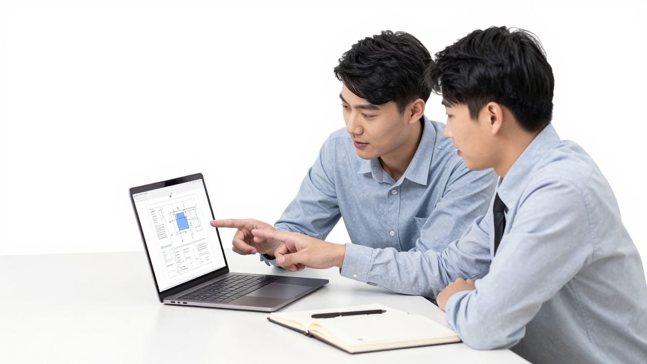 An organized workspace with two colleagues looking at a laptop together, pointing to a screen while discussing project planning over physical notebooks.