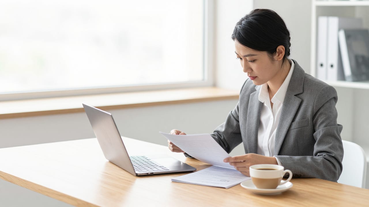 A bilingual professional working at a clean wooden desk in a bright sunlit office, reviewing physical notes alongside a laptop and a warm cup of coffee.