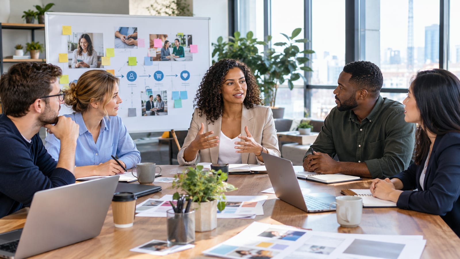 A confident business team gathered around a conference table in an airy modern studio, discussing customer experience strategies with focused expressions.