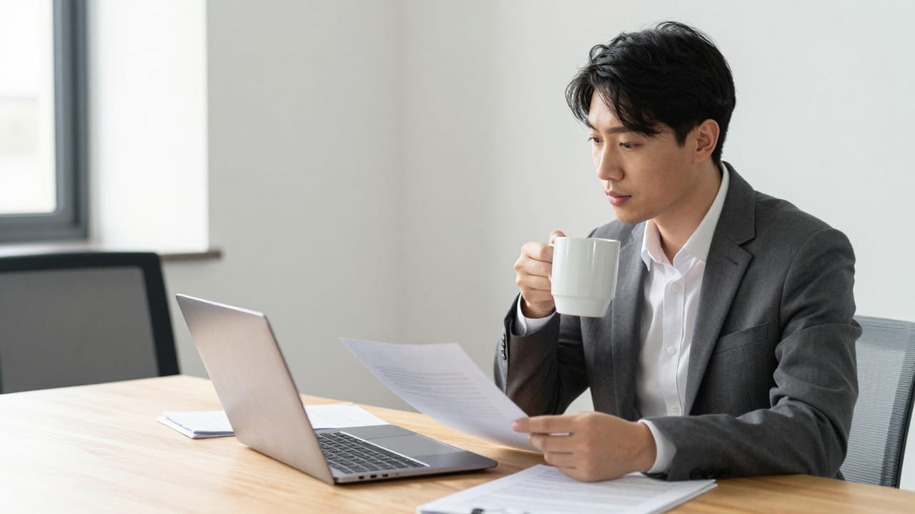 A business owner sitting at a clean wooden desk with a laptop, looking thoughtfully at notes while holding a warm coffee mug in a sunlit modern office.