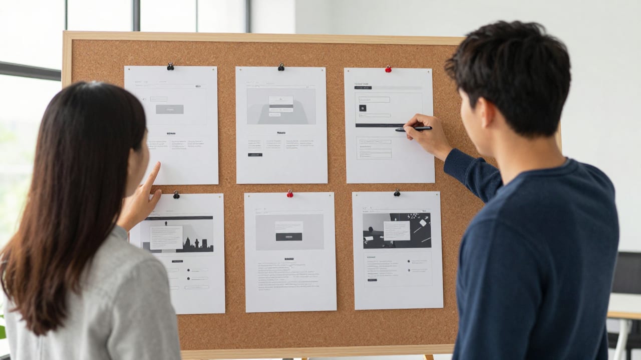 Two creative professionals reviewing printed website wireframes pinned to a corkboard in an airy studio with natural light streaming through large windows.
