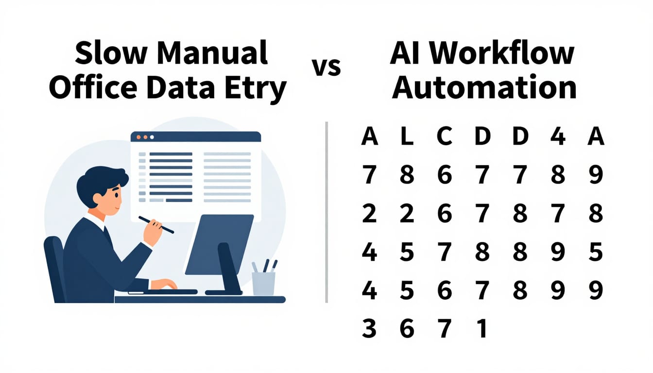 Comparison diagram showing slow manual office data entry vs instant AI workflow automation