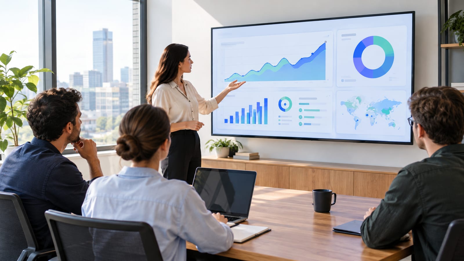 A modern, minimalist office setting where a small team is looking at a large screen displaying a clean digital dashboard. The atmosphere is calm and productive, with natural light streaming through a window.