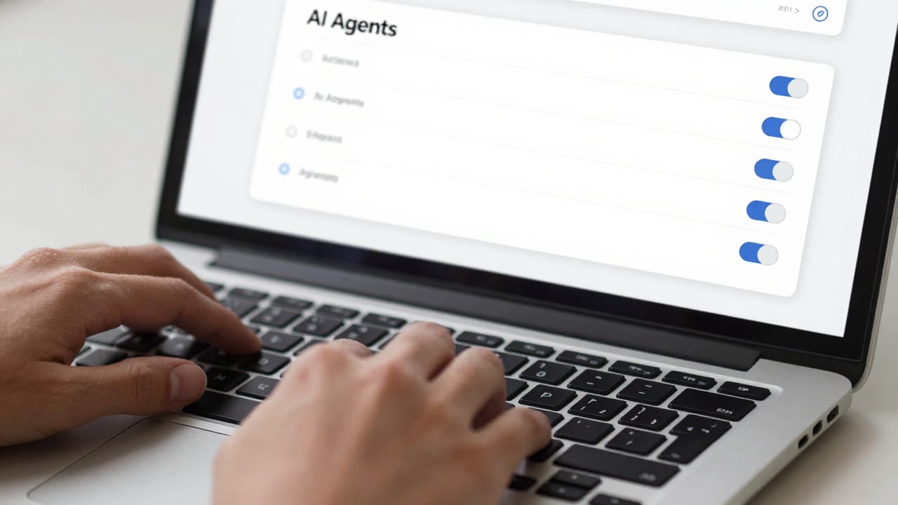 A close-up of a person's hands typing on a sleek laptop keyboard. On the screen, a clean interface shows a list of "AI Agents" with simple toggle switches and status indicators.