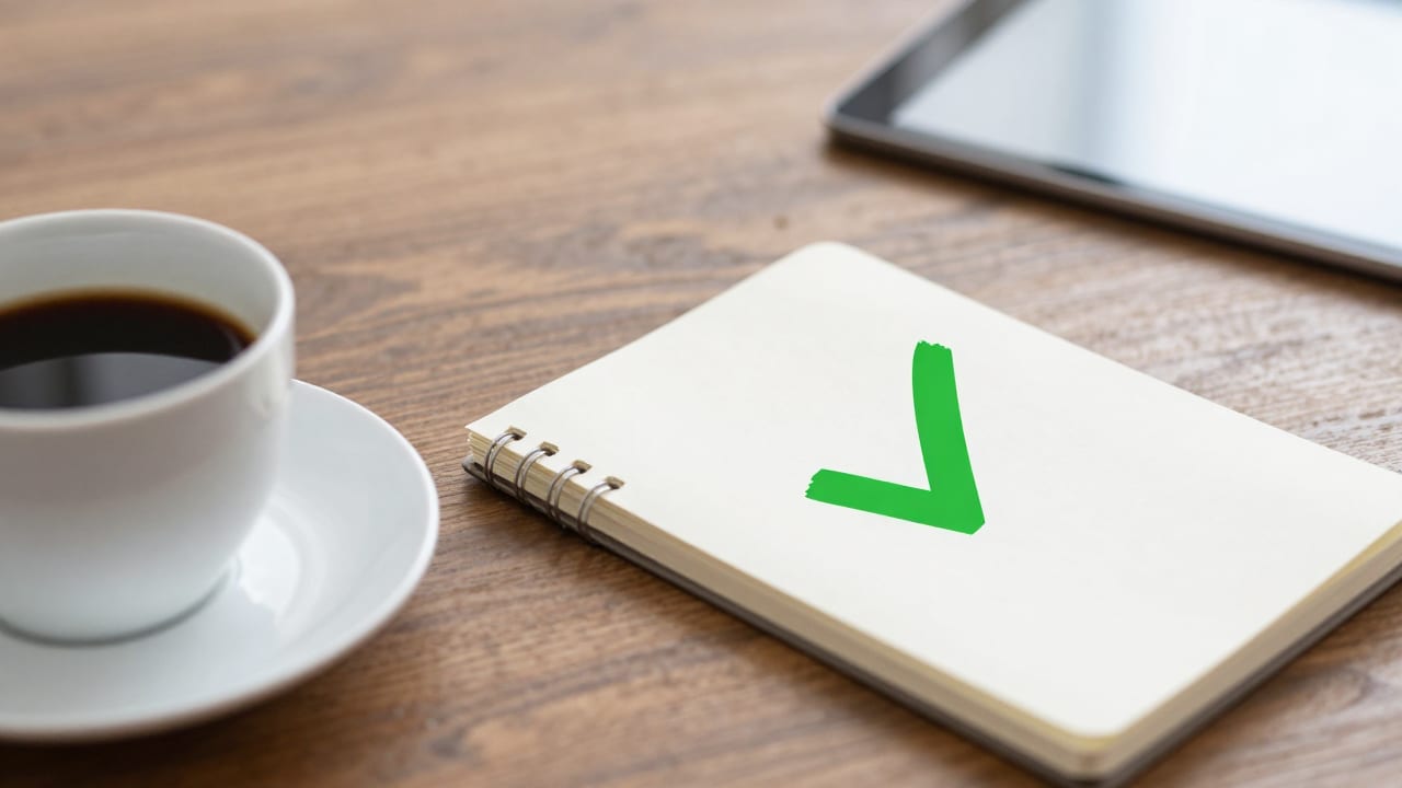 A high-quality close-up of a wooden desk with a coffee cup, a notebook, and a tablet showing a green checkmark. The scene represents the peace of mind that comes from organized, automated business operations.