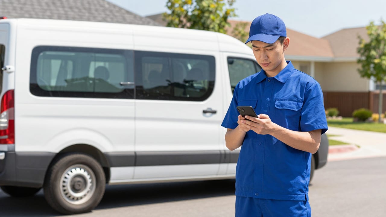A home service contractor in a clean uniform standing next to a branded work van, typing an update into a smartphone on a sunny residential street.