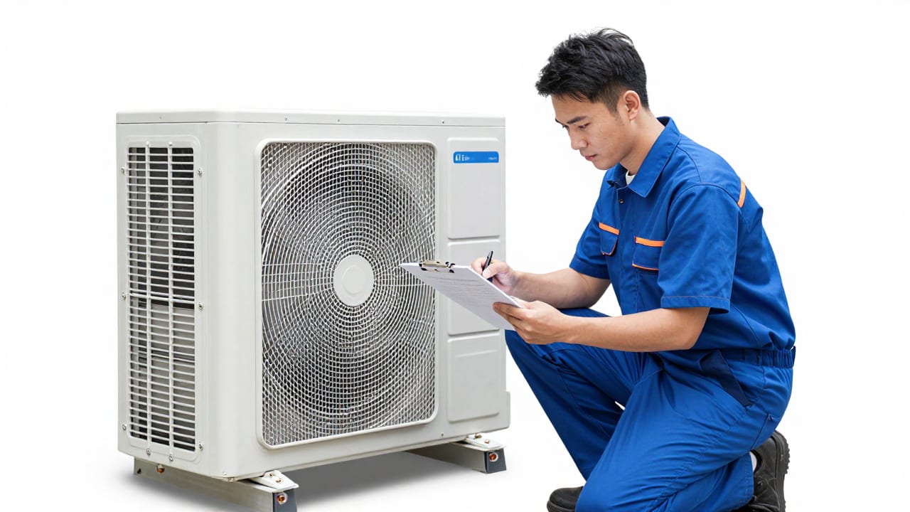 An HVAC technician kneeling near a newly installed home heat pump unit outdoors, reviewing installation paperwork on a clipboard.
