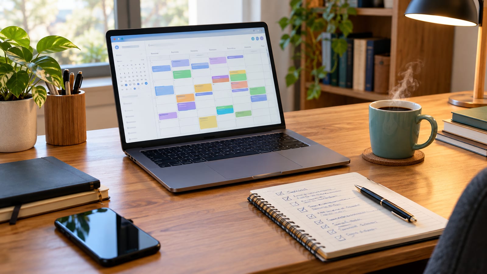 A neat, organized home office desk with an open laptop showing operational calendars, a steaming coffee mug, and a notebook with handwritten service tasks.