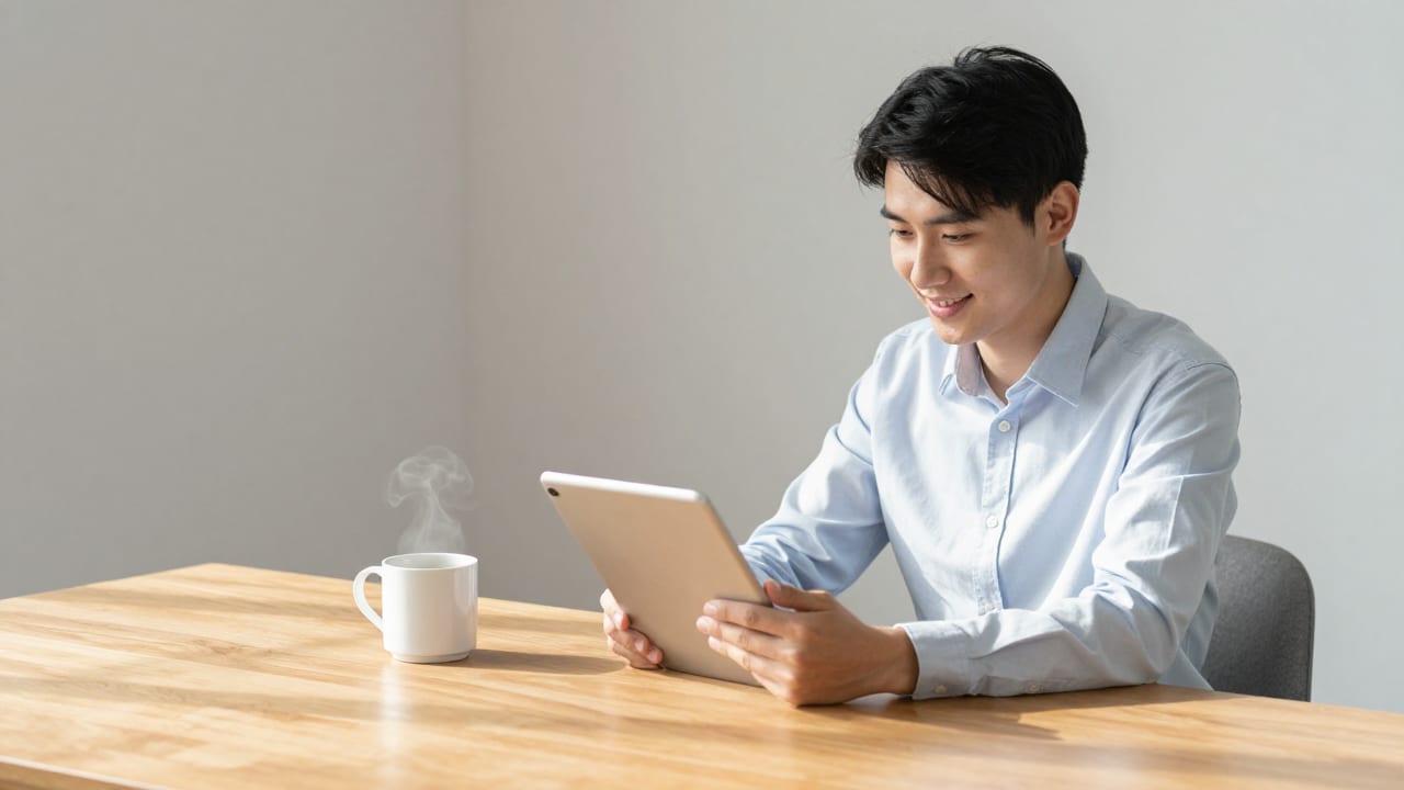 A small business owner sitting at a clean oak desk, smiling as they review a tablet with a steaming mug of coffee nearby in morning sunlight