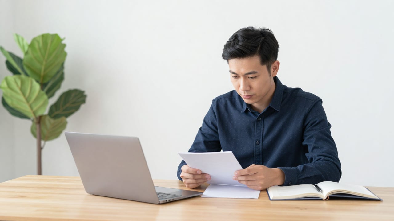 A creative professional in a modern studio reviewing notes on a wooden table beside a laptop and a houseplant