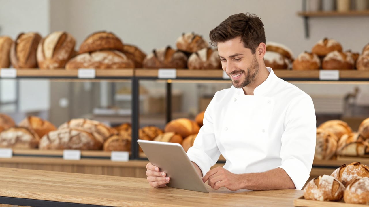 A friendly local bakery owner reviewing a tablet on a wooden counter with fresh artisan bread displayed in the background.