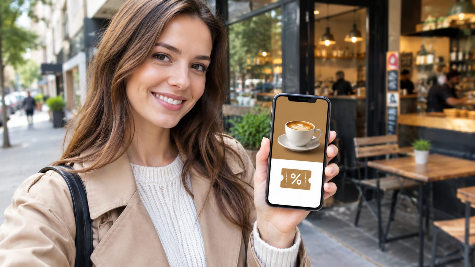 A customer holding a smartphone displaying a clean local discount pass outside an urban coffee shop.
