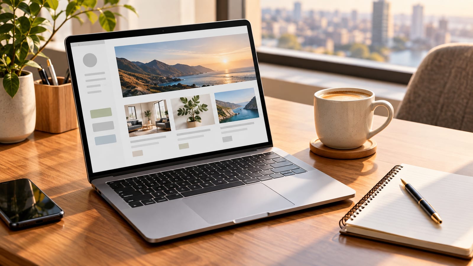 A modern office desk with a laptop showing a webpage layout next to a warm cup of coffee and a notebook.