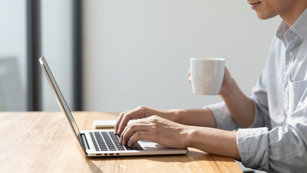 A modern sunlit office where an entrepreneur types a quick message on a laptop while holding a warm mug of coffee at a wooden desk