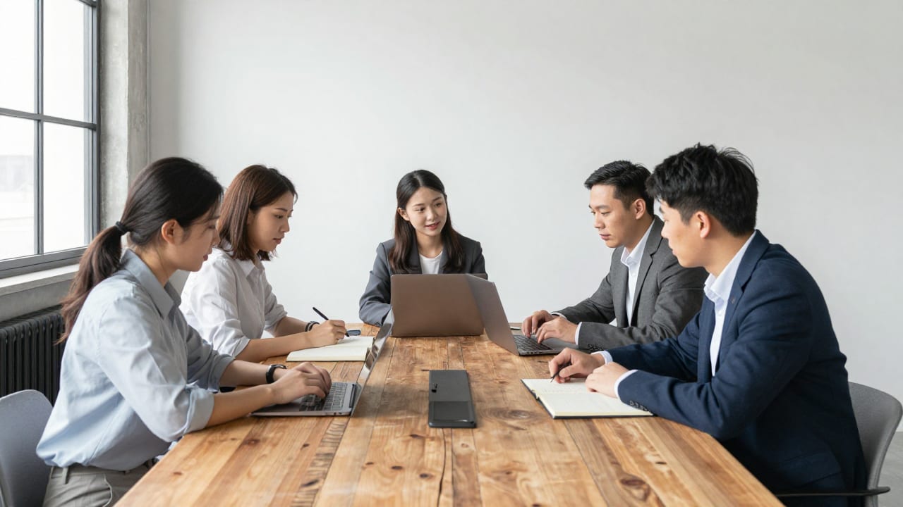 A small business team collaborating around a rustic conference table with open notebooks and laptops in an airy loft workspace