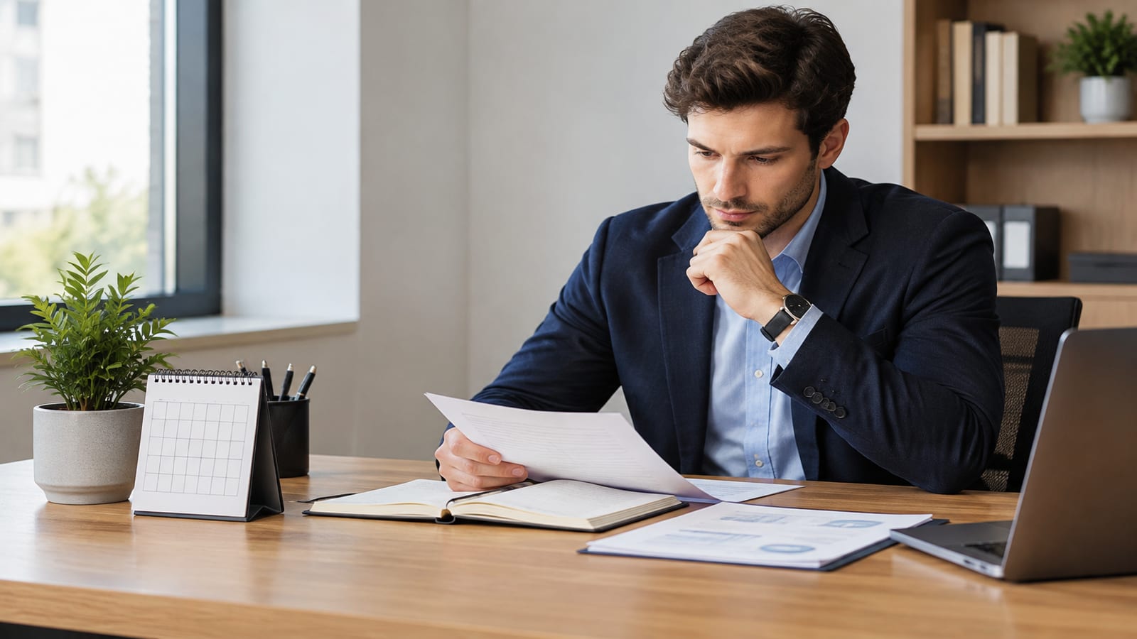 A professional sitting at a clean oak desk reviewing business notes beside a small potted plant and an organized calendar