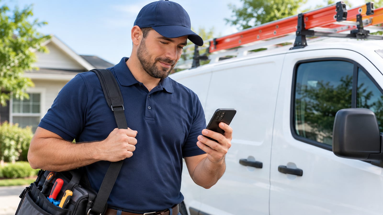 A home service contractor reviewing incoming appointment notifications on a smartphone while standing near a branded work van.