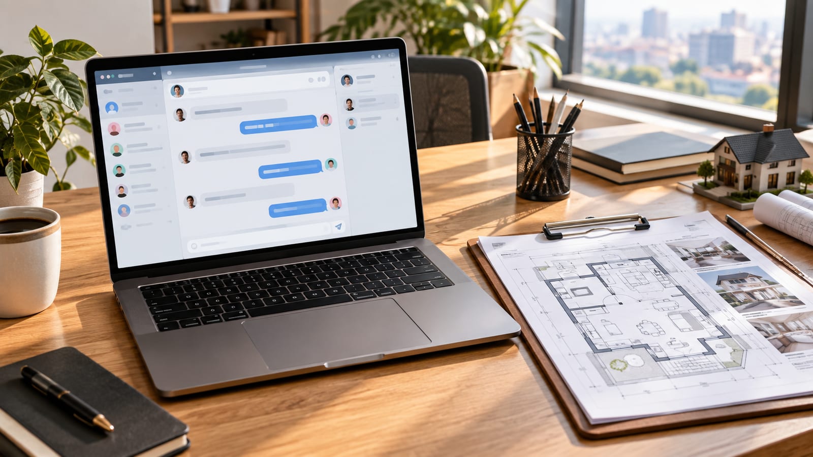 A modern office workspace showing a laptop displaying customer conversation logs beside a clipboard with a home renovation blueprint.