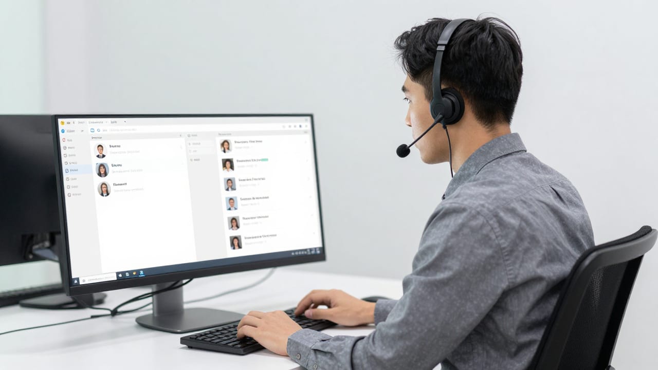 A customer service manager seated at a clean desk wearing a headset while reviewing live customer messaging threads on a desktop computer.