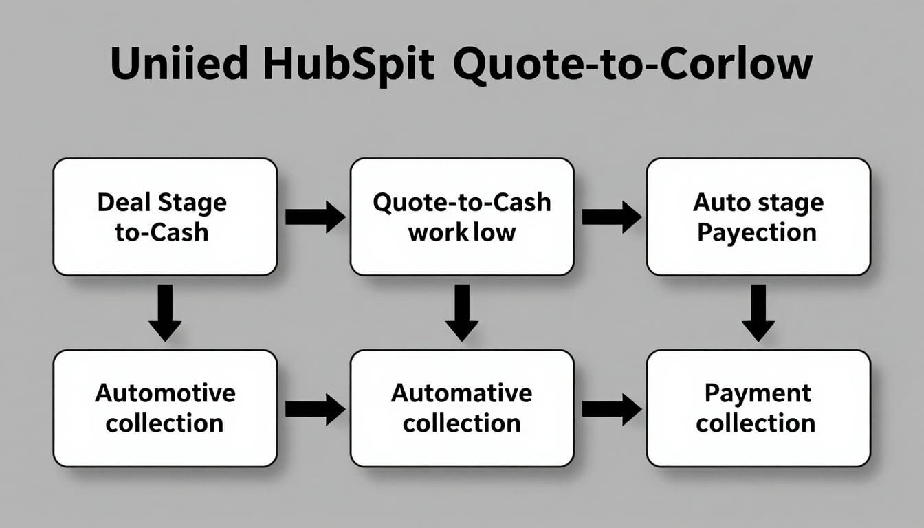 Diagram illustrating the unified HubSpot quote-to-cash workflow from deal stage to automated payment collection