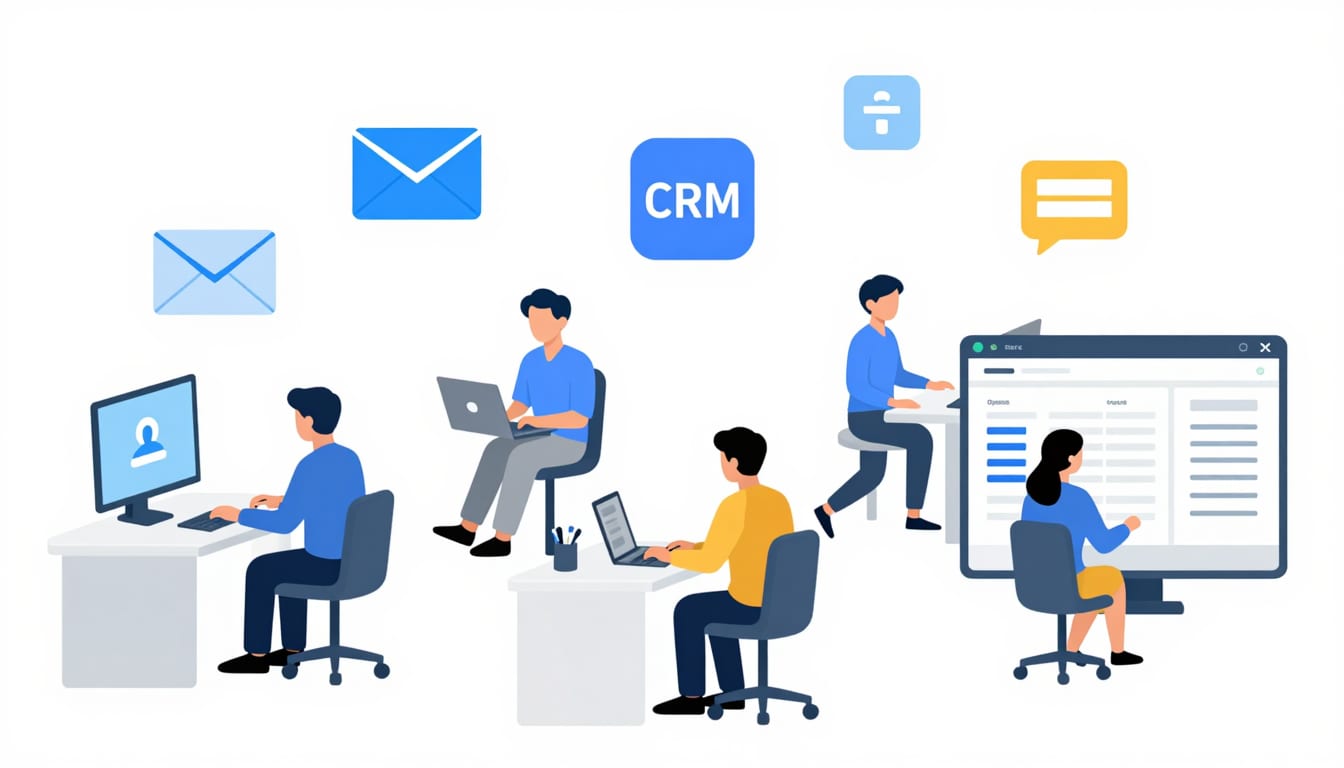 Diagram showing autonomous AI agents running tasks in the background across email, CRM, and accounting software