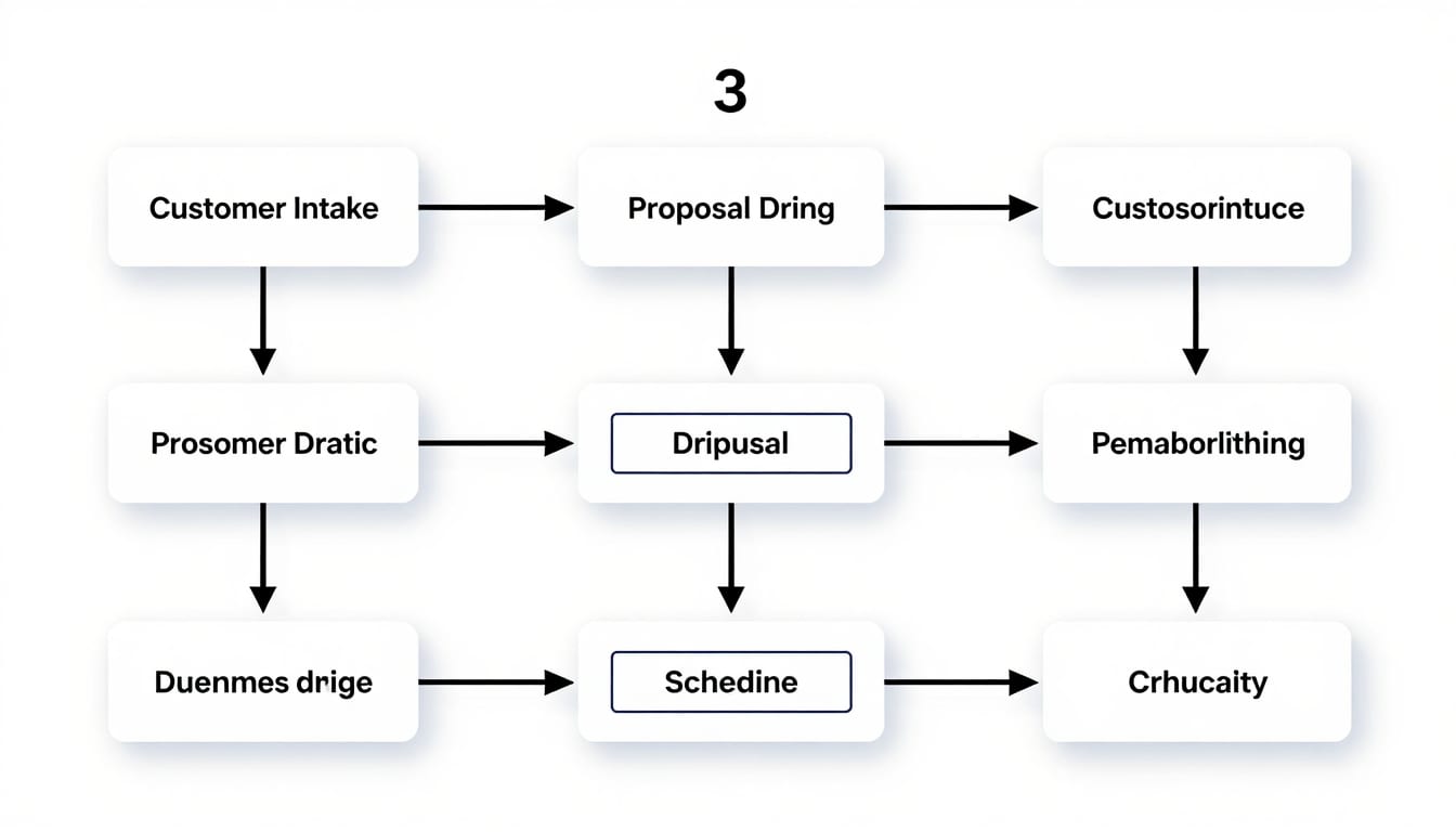 Flowchart demonstrating a 3-agent customer intake, proposal drafting, and scheduling sequence