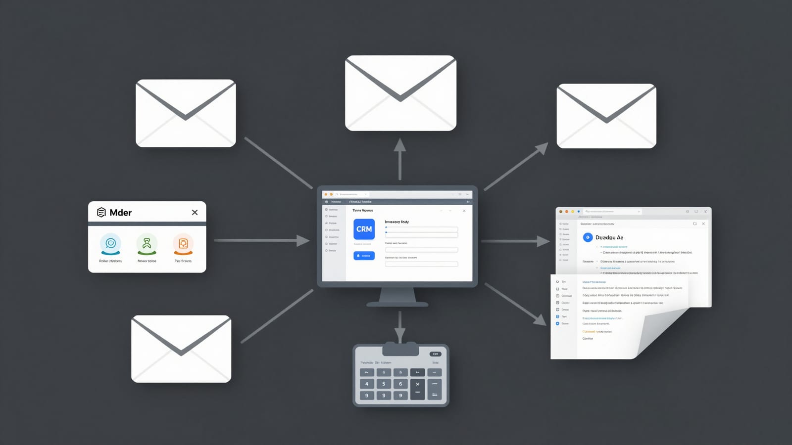 Diagram illustrating background AI agents autonomously handling data between email, CRM, inventory, and accounting software without human intervention