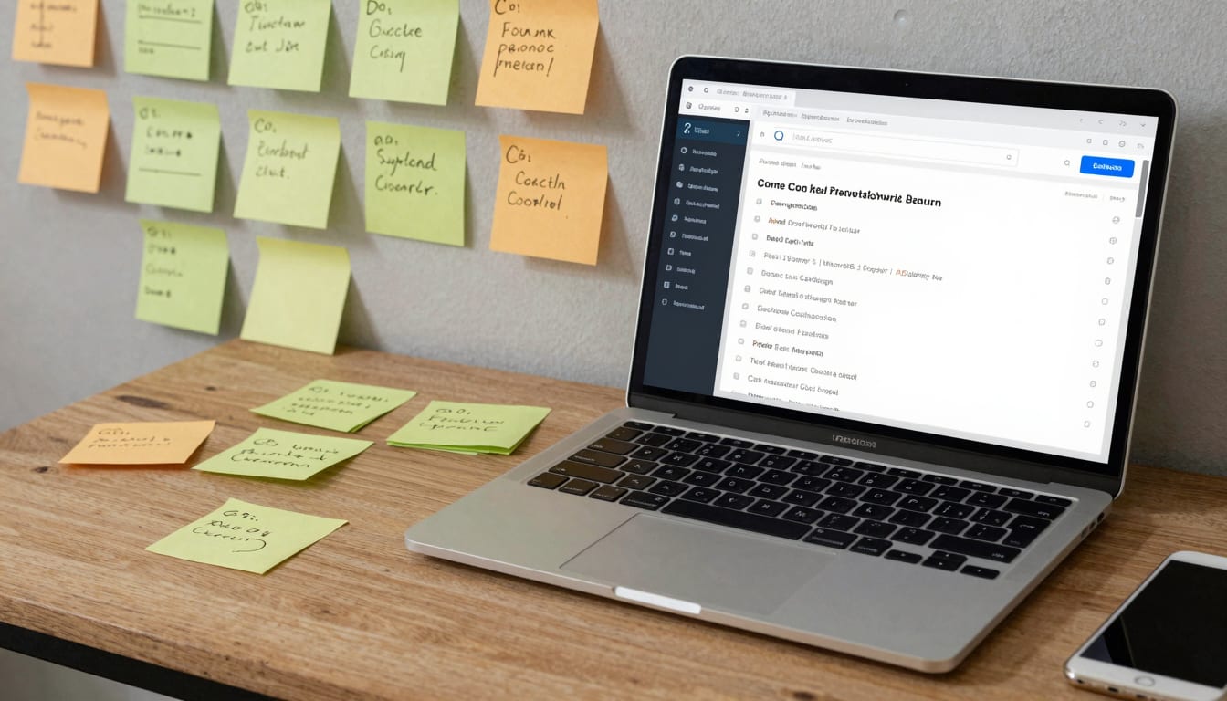 A split screen showing a messy desk covered in sticky notes versus a clean, organized digital CRM dashboard on a laptop.