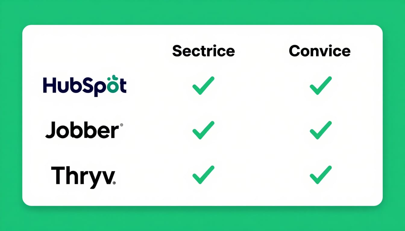 A clean comparison chart showing the logos of HubSpot, Jobber, and Thryv with checkmarks next to their best features for service businesses.