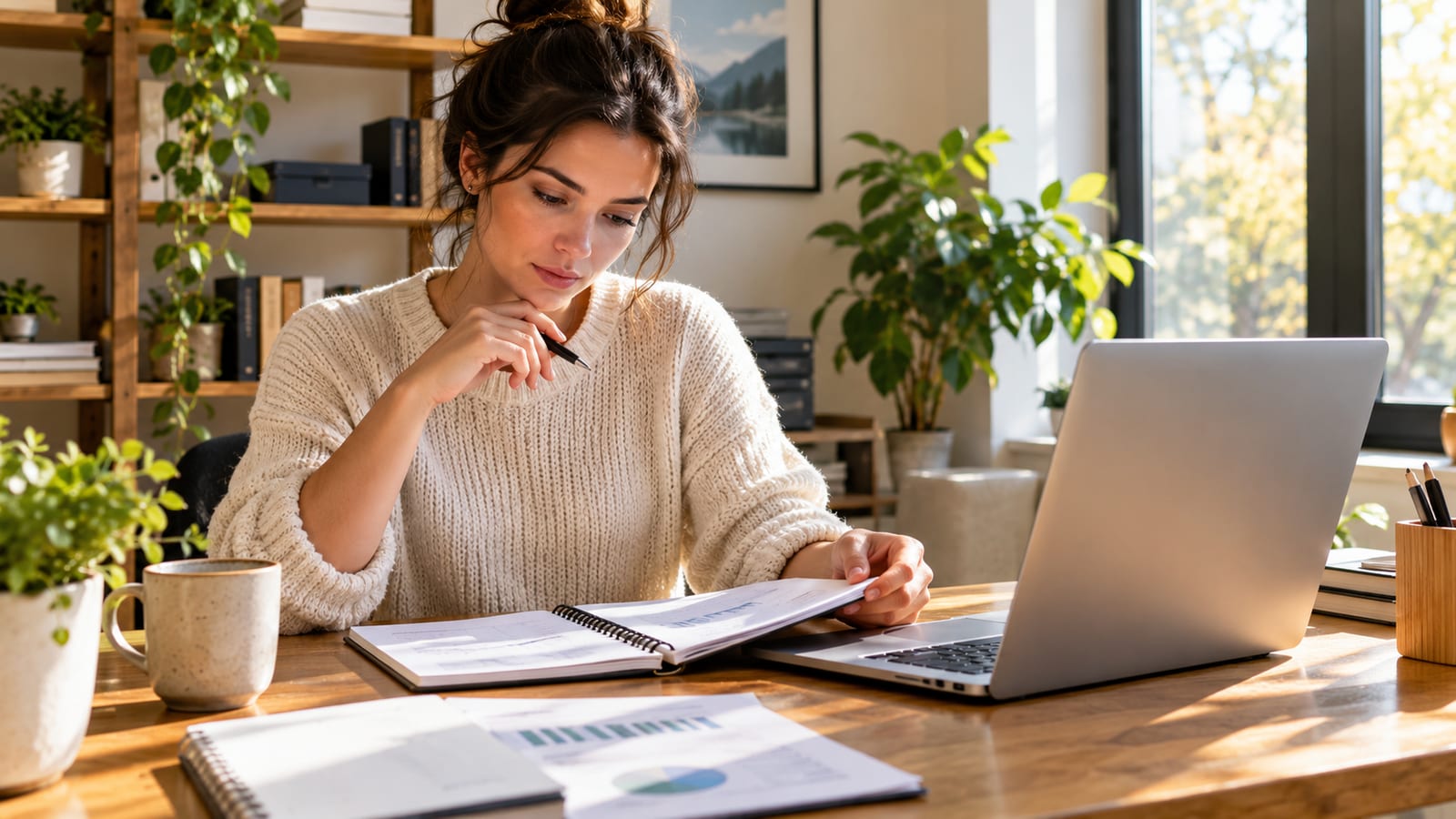 A small business owner sitting at a wooden desk with a laptop and a notebook, thoughtfully reviewing financial notes in a sunlit office