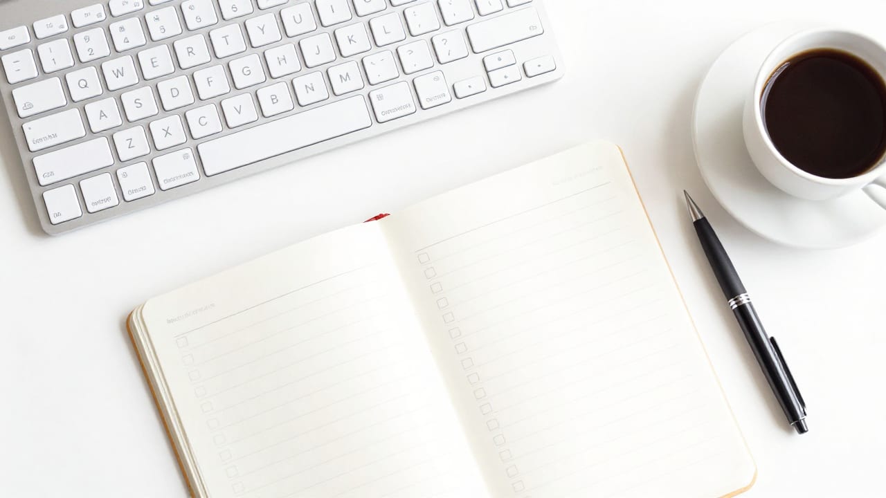 A modern desktop workspace showing a clean keyboard, a notebook with tidy checklists, and a warm cup of coffee next to a pen