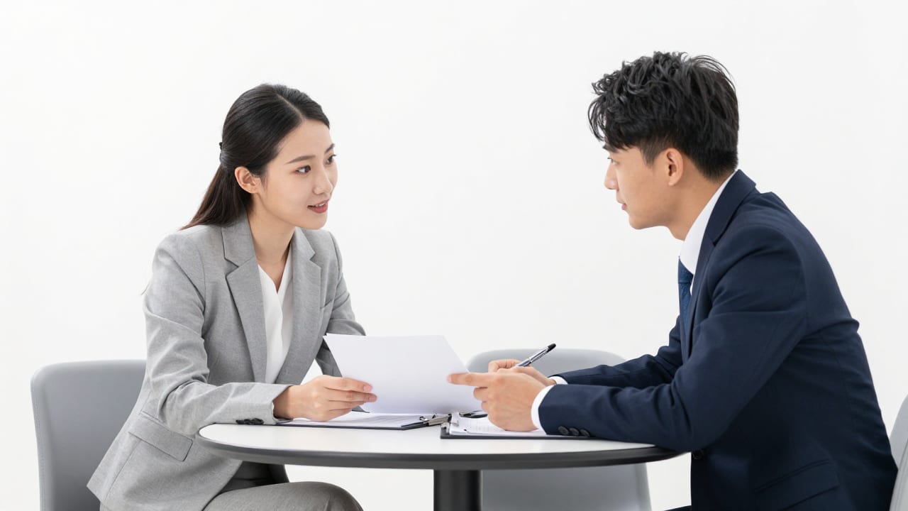 Two business professionals in a clean, brightly lit meeting space discussing project notes over a small conference table