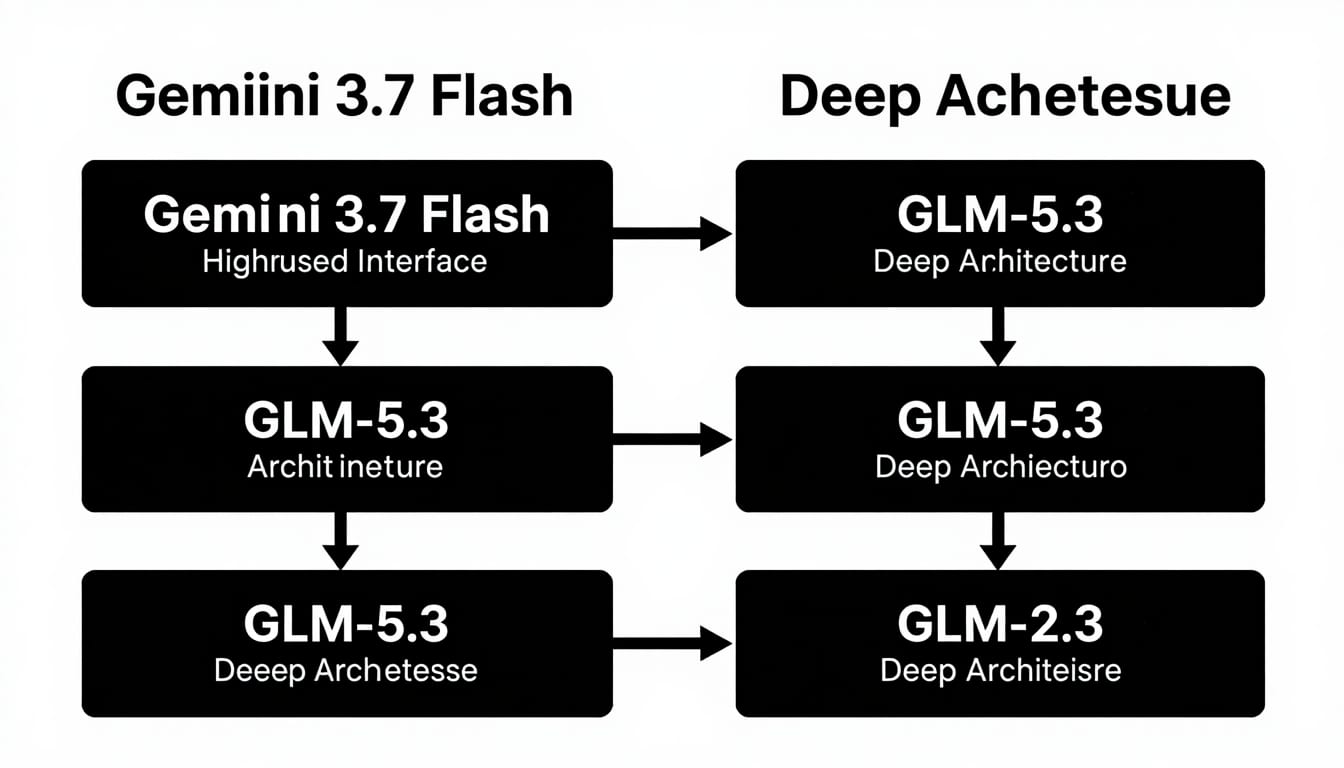 Visual diagram comparing Gemini 3.7 Flash high-speed interface generation with GLM-5.3 deep architecture processing for modern business websites