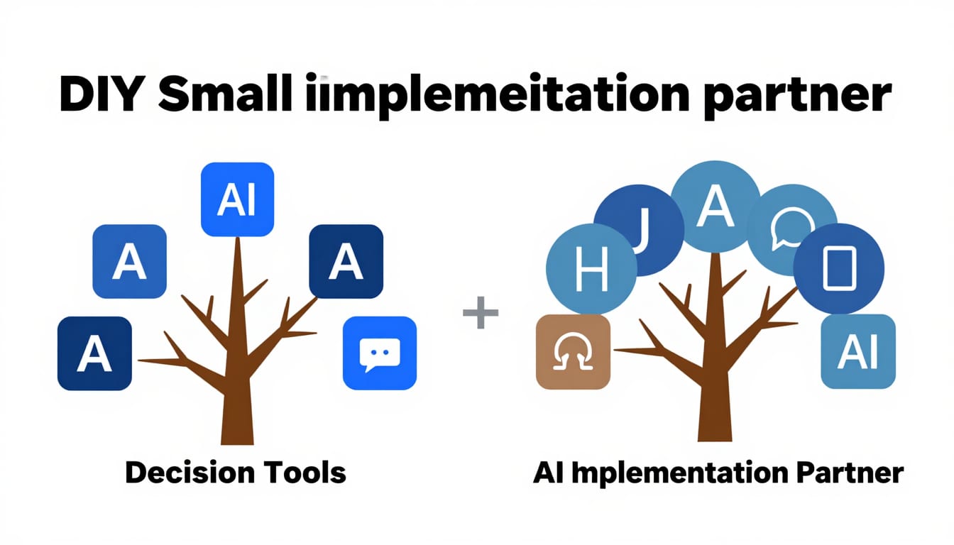 Decision tree helping small business owners choose between DIY AI website tools and working with an AI implementation partner