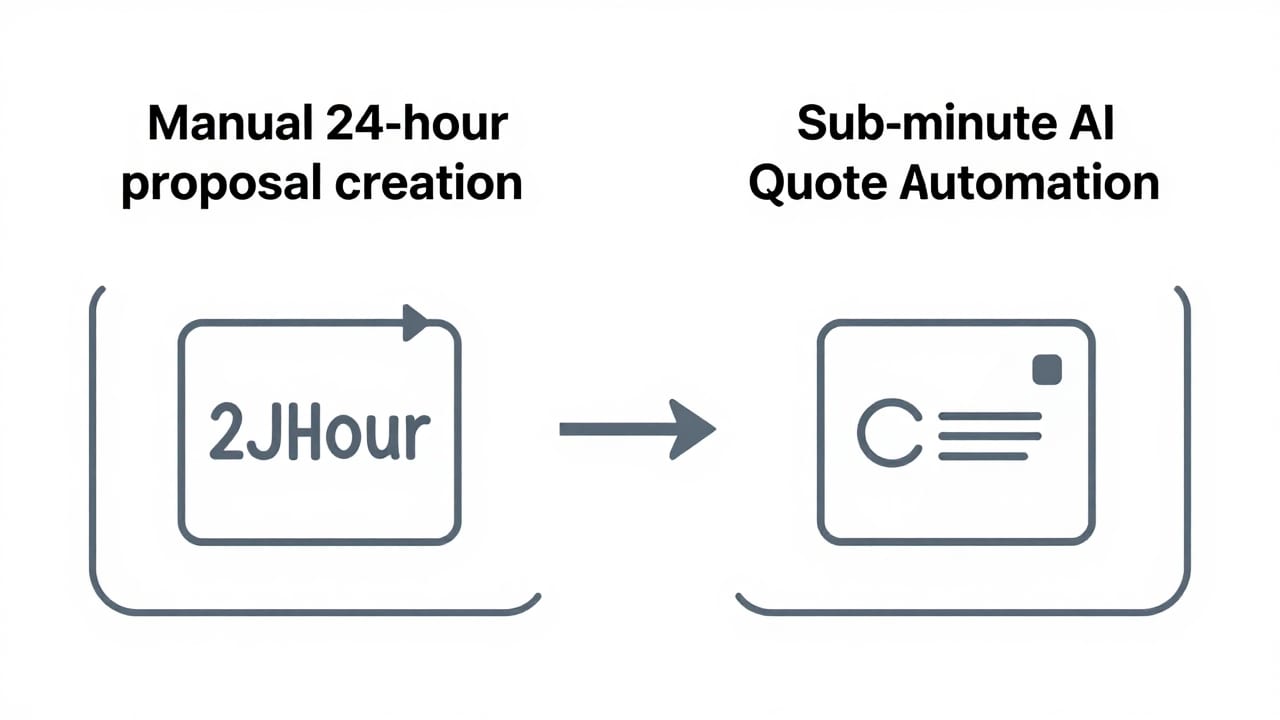 Diagram comparing manual 24-hour proposal creation with sub-minute AI quote automation in an agency CRM