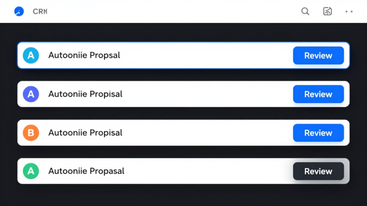 Screenshot of a clean CRM pipeline showing automated proposal draft status badges and one-click review buttons