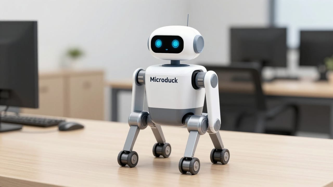 A technical overview of the 25cm open-source Microduck bipedal robot standing on an office desk.