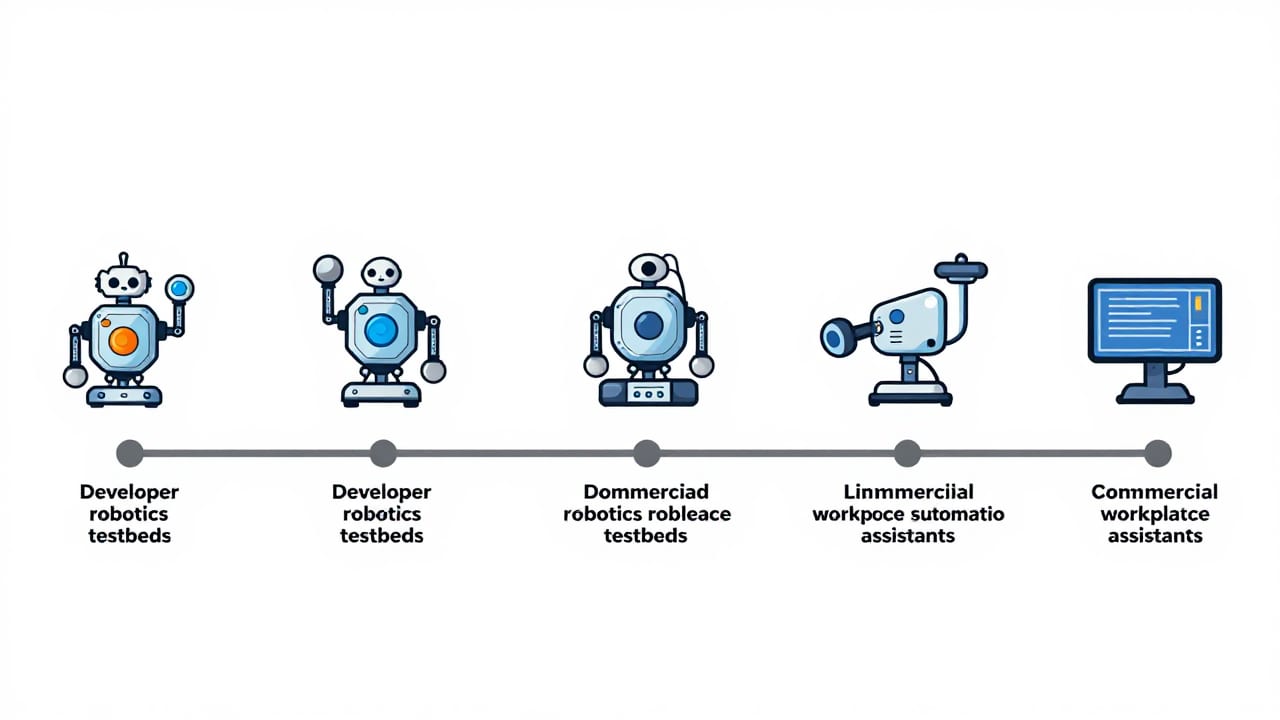 A comparative timeline showing the evolution from developer robotics testbeds to future commercial workplace automation assistants.